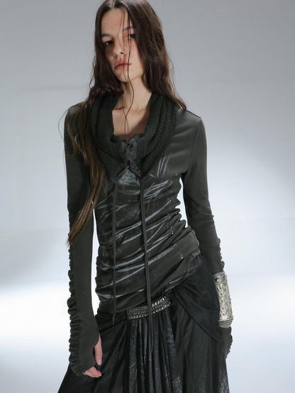 DoublePunch Soft Breathable Cotton Slim Fit Cowl Neck Tie Print Women Long Sleeve T-Shirt