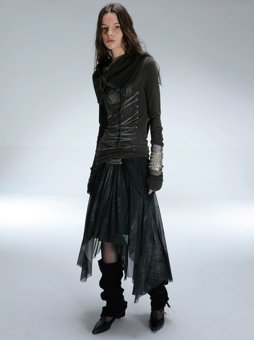 DoublePunch Soft Breathable Cotton Slim Fit Cowl Neck Tie Print Women Long Sleeve T-Shirt