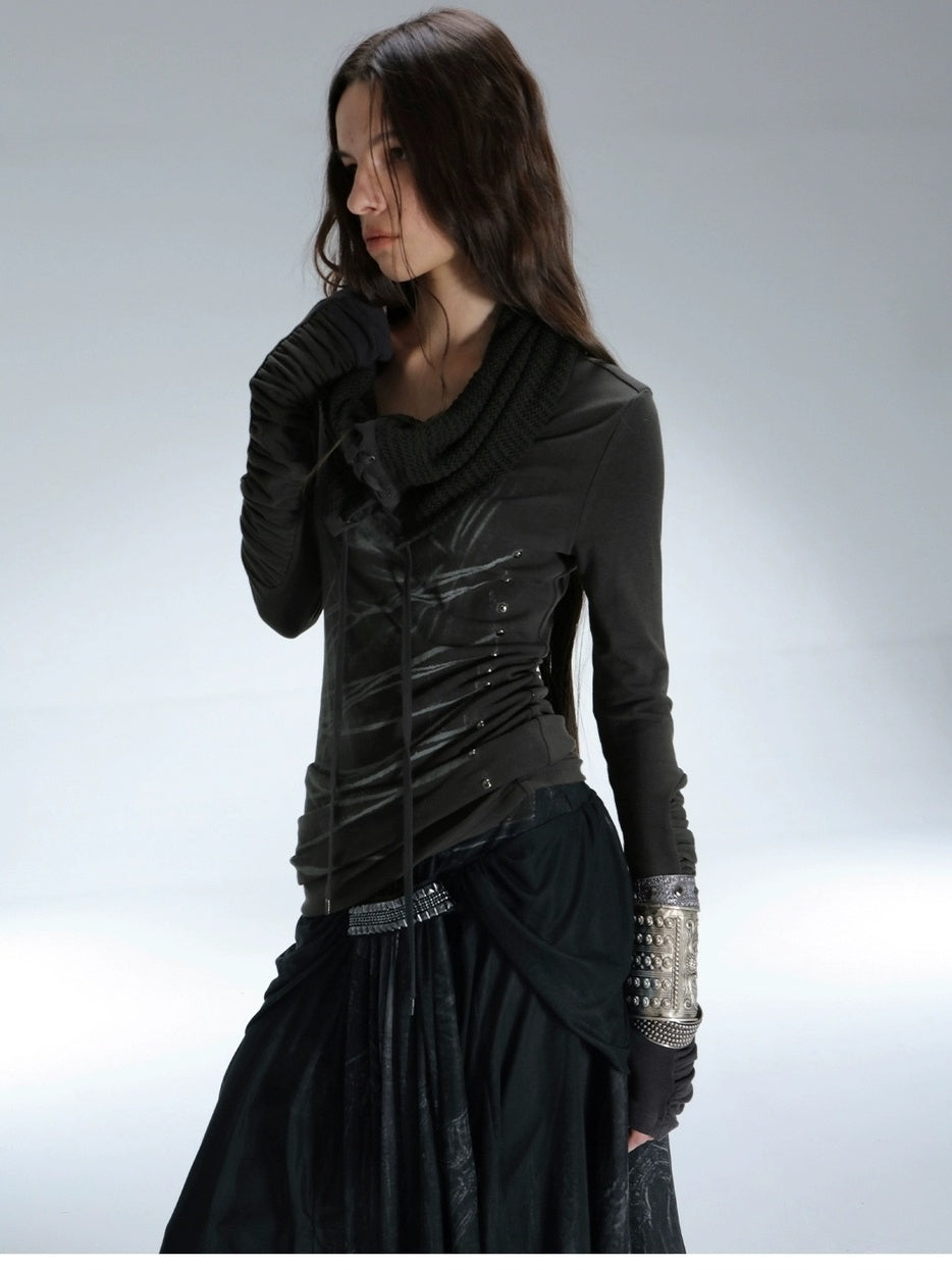 DoublePunch Soft Breathable Cotton Slim Fit Cowl Neck Tie Print Women Long Sleeve T-Shirt