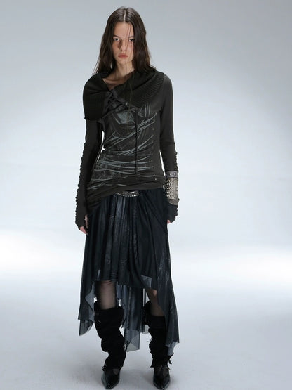 DoublePunch Soft Breathable Cotton Slim Fit Cowl Neck Tie Print Women Long Sleeve T-Shirt