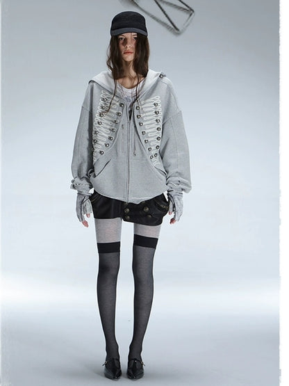 DoublePunch Soft Cotton Blend Classic Loose Hooded Zip Side Pocket Cuffed Women Hoodies