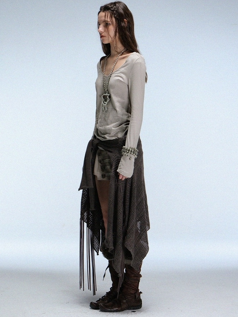 DoublePunch Soft Cotton Spandex Slim V Neck Snake Print Long Sleeve Women T-Shirt