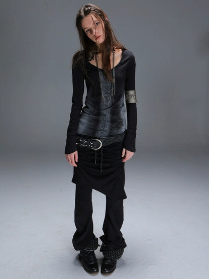 DoublePunch Soft Cotton Spandex Slim V Neck Snake Print Long Sleeve Women T-Shirt