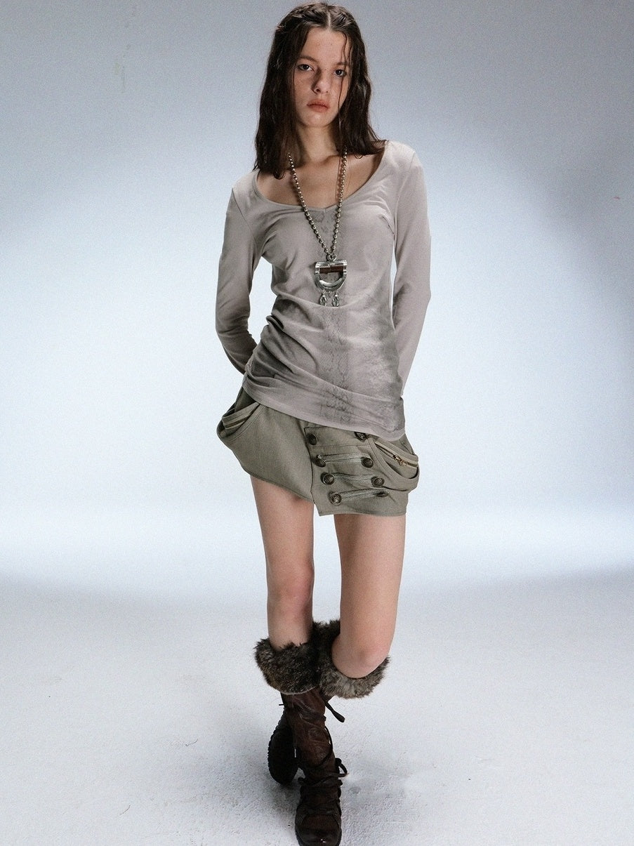 DoublePunch Soft Cotton Spandex Slim V Neck Snake Print Long Sleeve Women T-Shirt