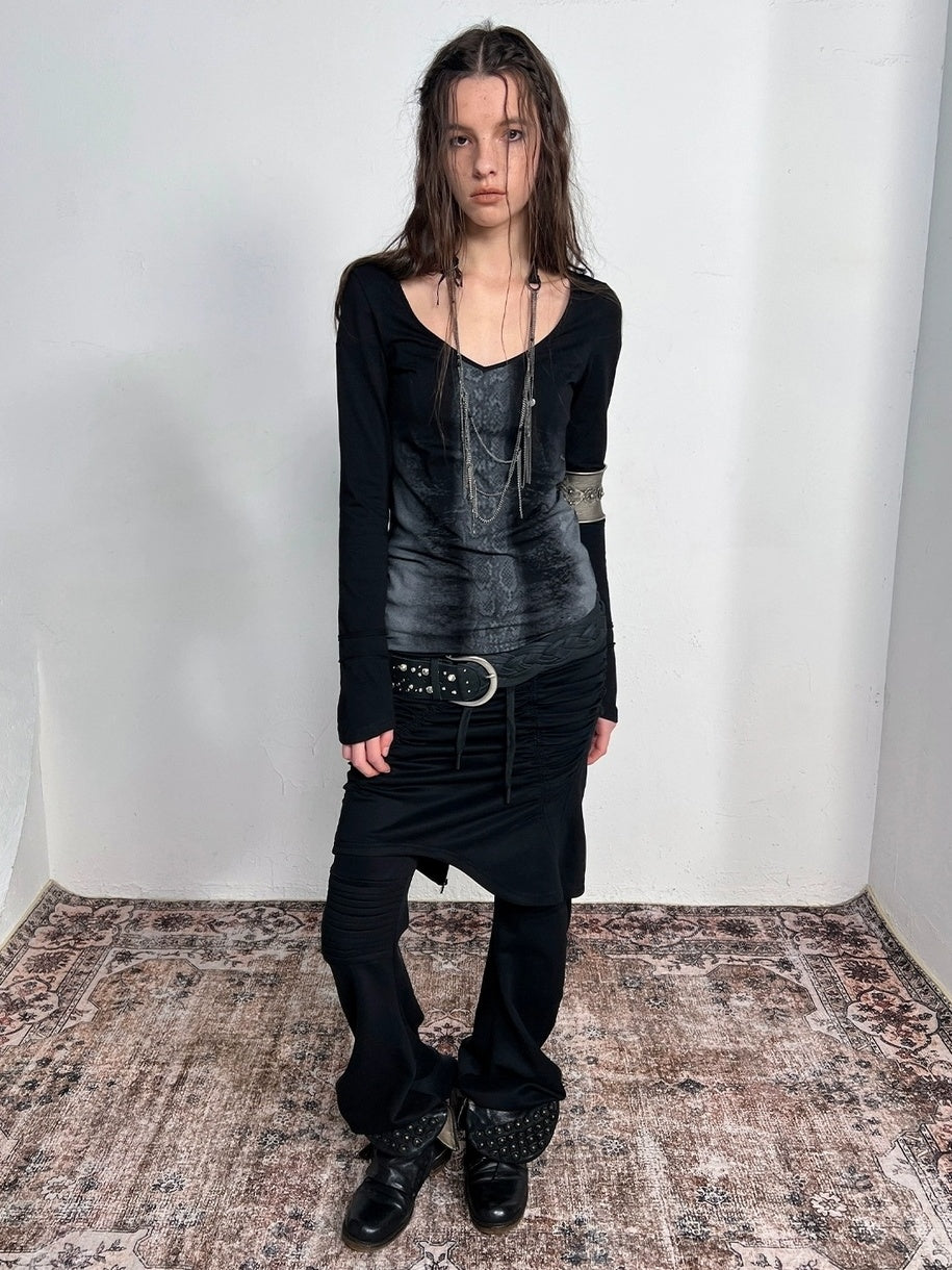 DoublePunch Soft Cotton Spandex Slim V Neck Snake Print Long Sleeve Women T-Shirt