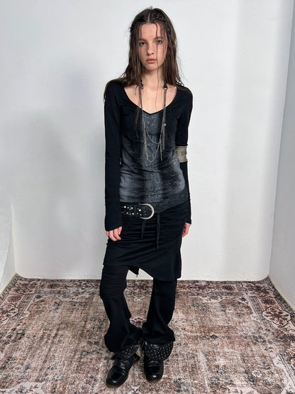 DoublePunch Soft Cotton Spandex Slim V Neck Snake Print Long Sleeve Women T-Shirt