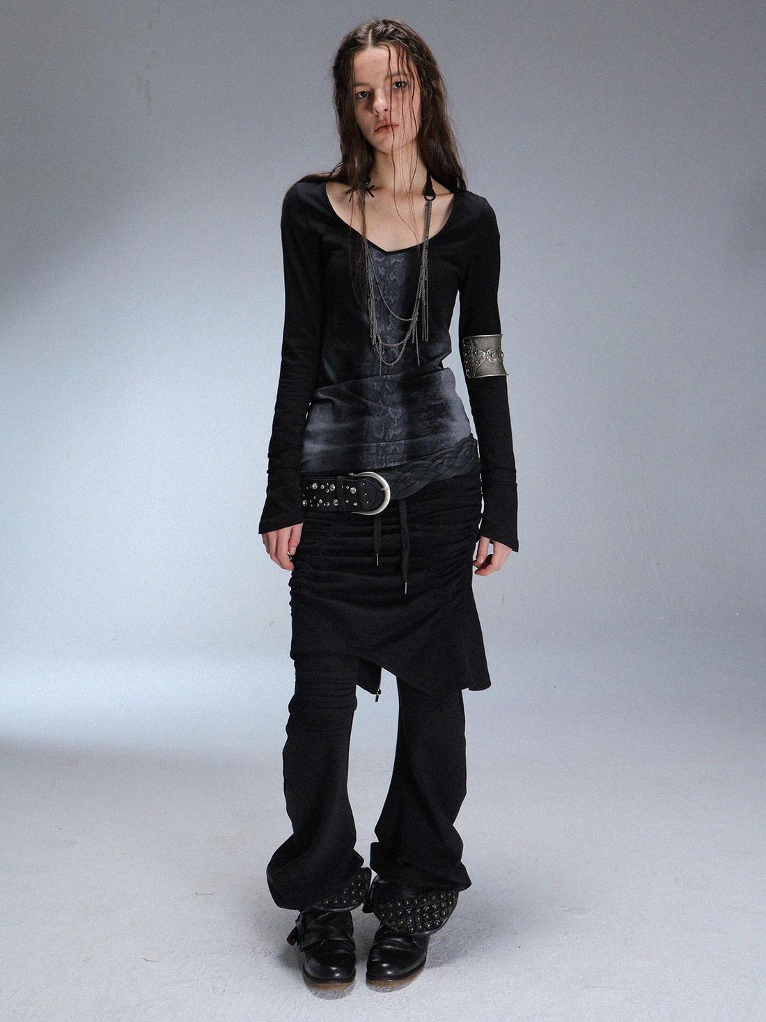 DoublePunch Soft Cotton Spandex Slim V Neck Snake Print Long Sleeve Women T-Shirt