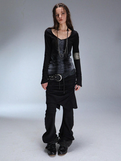 DoublePunch Soft Cotton Spandex Slim V Neck Snake Print Long Sleeve Women T-Shirt