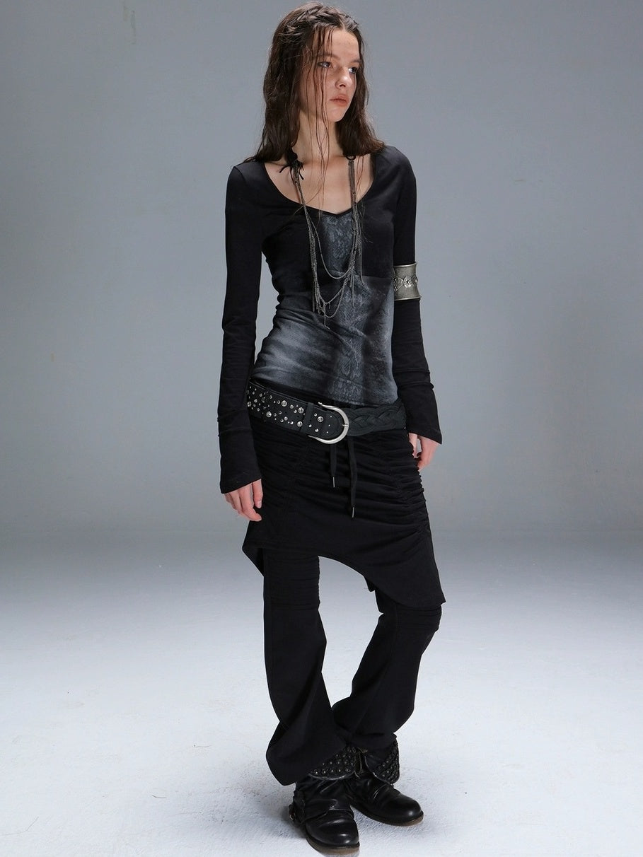 DoublePunch Soft Cotton Spandex Slim V Neck Snake Print Long Sleeve Women T-Shirt