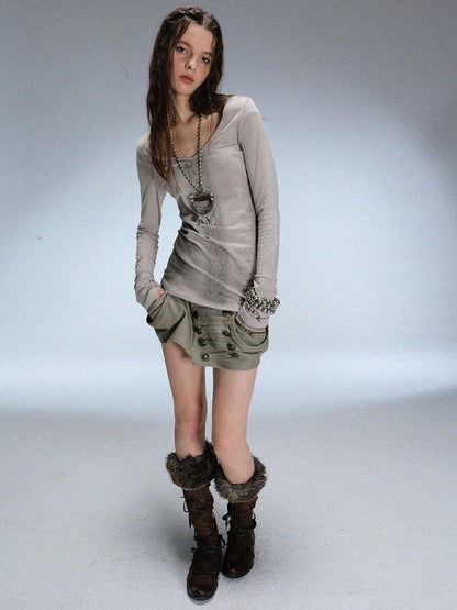 DoublePunch Soft Cotton Spandex Slim V Neck Snake Print Long Sleeve Women T-Shirt