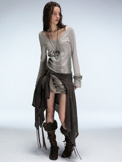 DoublePunch Soft Cotton Spandex Slim V Neck Snake Print Long Sleeve Women T-Shirt