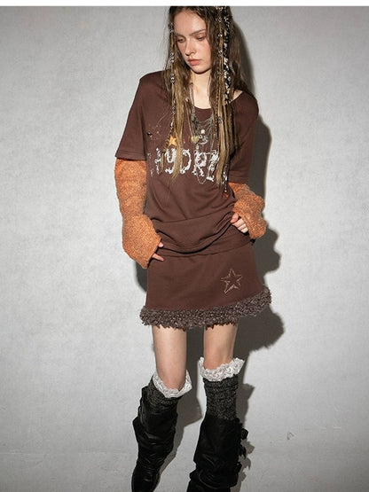 DoublePunch Soft Cotton Two Piece Casual Relaxed Women Cream Caramel Matching Skirt Hoodies