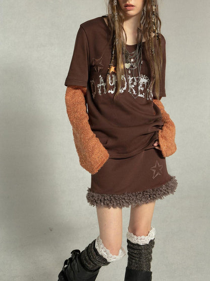 DoublePunch Soft Cotton Two Piece Casual Relaxed Women Cream Caramel Matching Skirt Hoodies