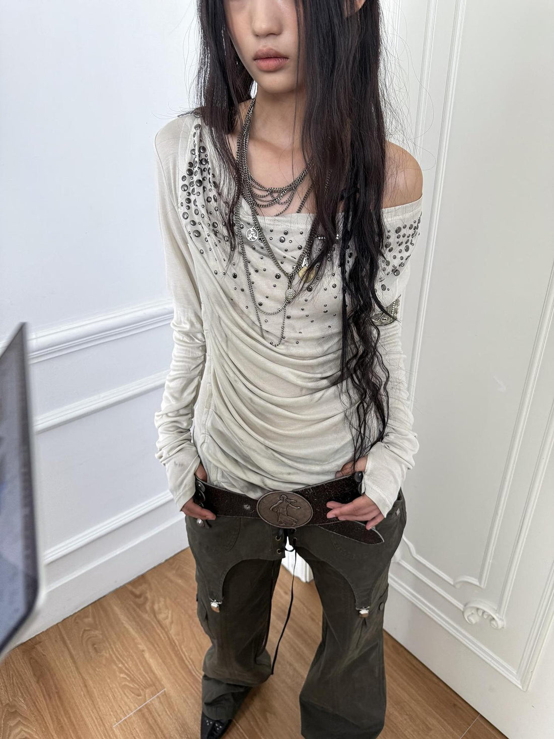 DoublePunch Soft Lyocell Slim Fit Asymmetric Shoulder Rhinestone Print Long Sleeve T-Shirt