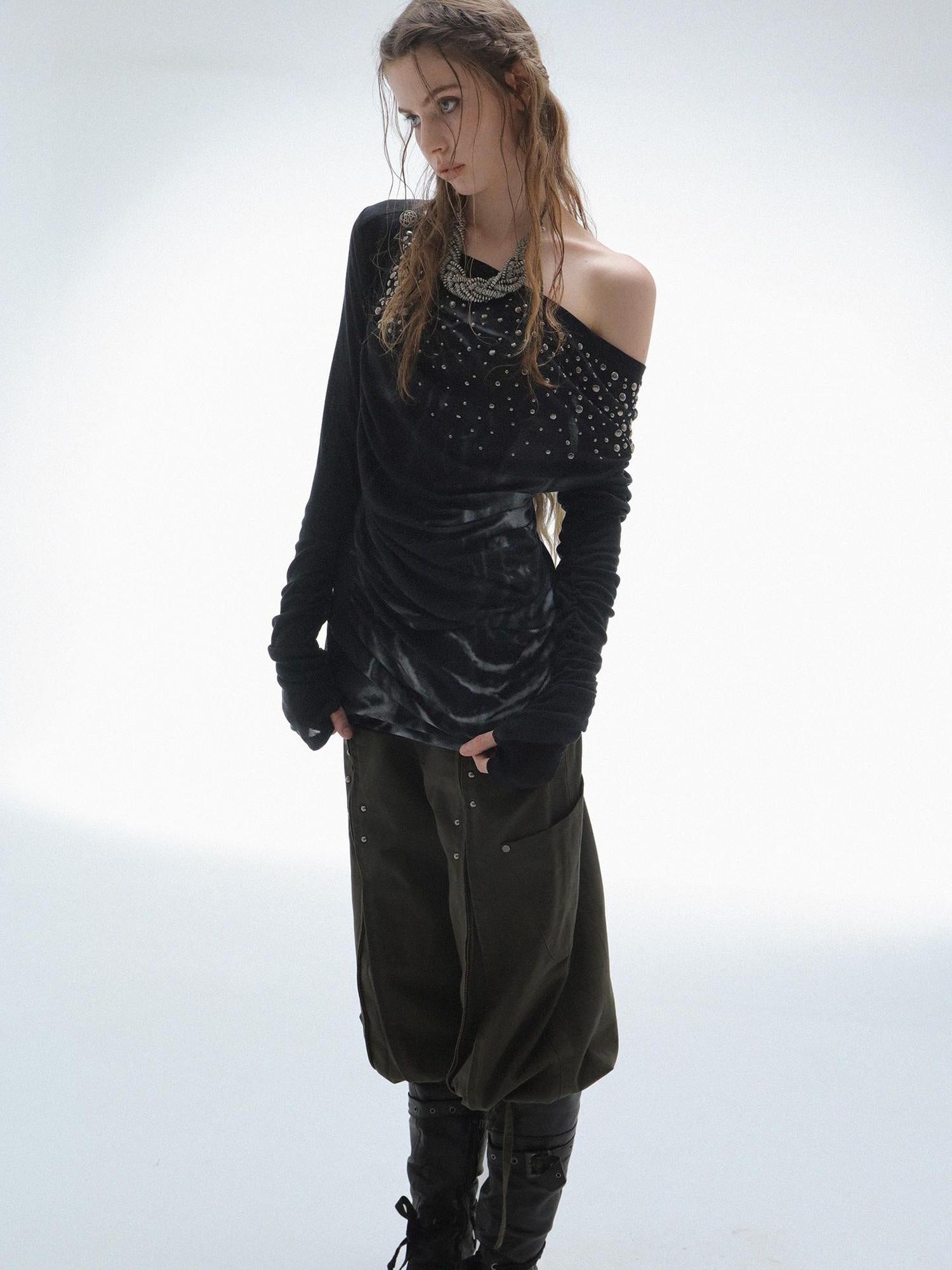 DoublePunch Soft Lyocell Slim Fit Asymmetric Shoulder Rhinestone Print Long Sleeve T-Shirt