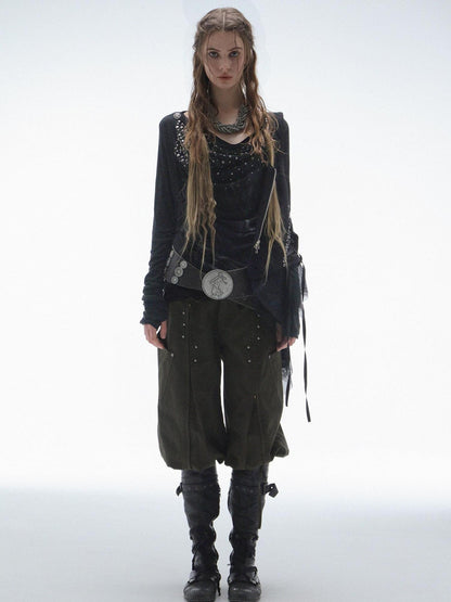 DoublePunch Soft Lyocell Slim Fit Asymmetric Shoulder Rhinestone Print Long Sleeve T-Shirt