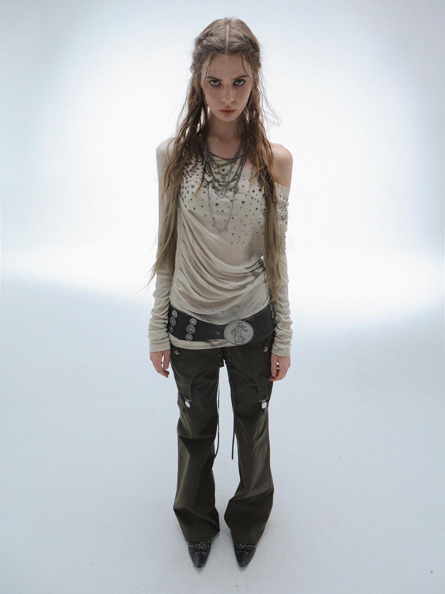 DoublePunch Soft Lyocell Slim Fit Asymmetric Shoulder Rhinestone Print Long Sleeve T-Shirt