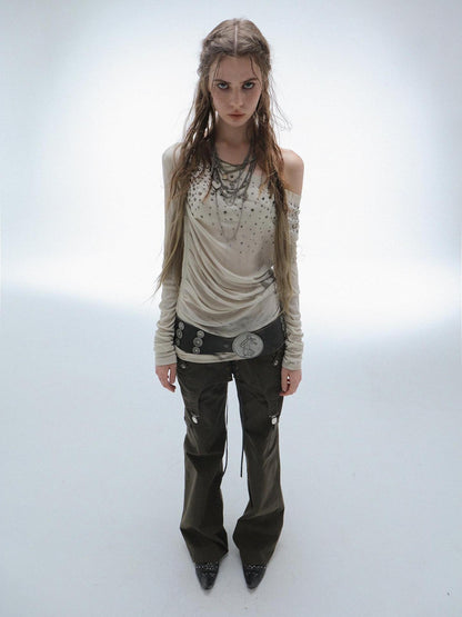 DoublePunch Soft Lyocell Slim Fit Asymmetric Shoulder Rhinestone Print Long Sleeve T-Shirt