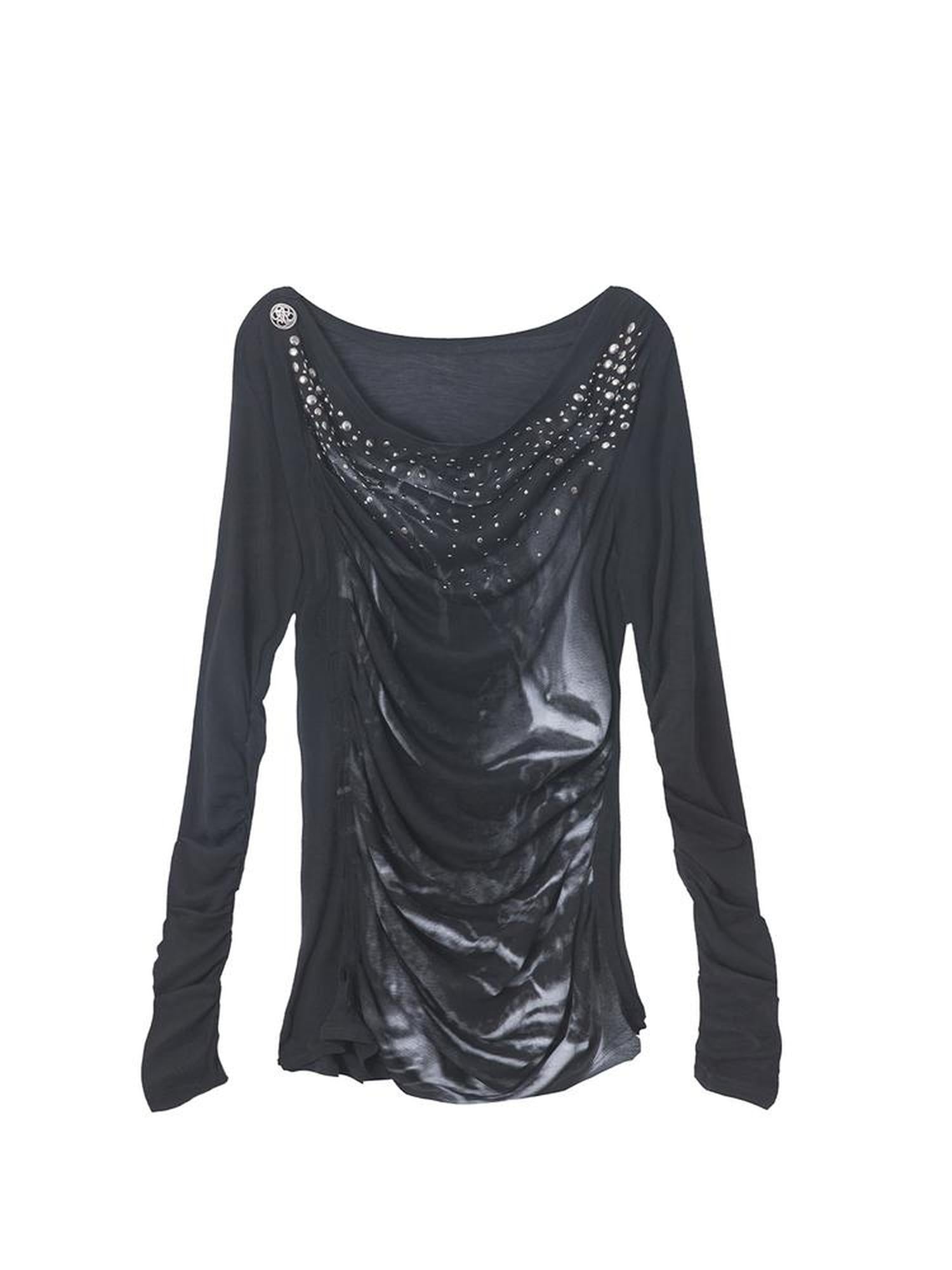 DoublePunch Soft Lyocell Slim Fit Asymmetric Shoulder Rhinestone Print Long Sleeve T-Shirt