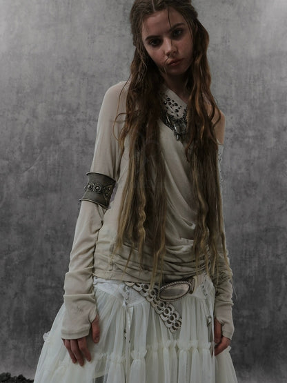 DoublePunch Soft Lyocell Slim Fit Asymmetric Shoulder Rhinestone Print Long Sleeve T-Shirt