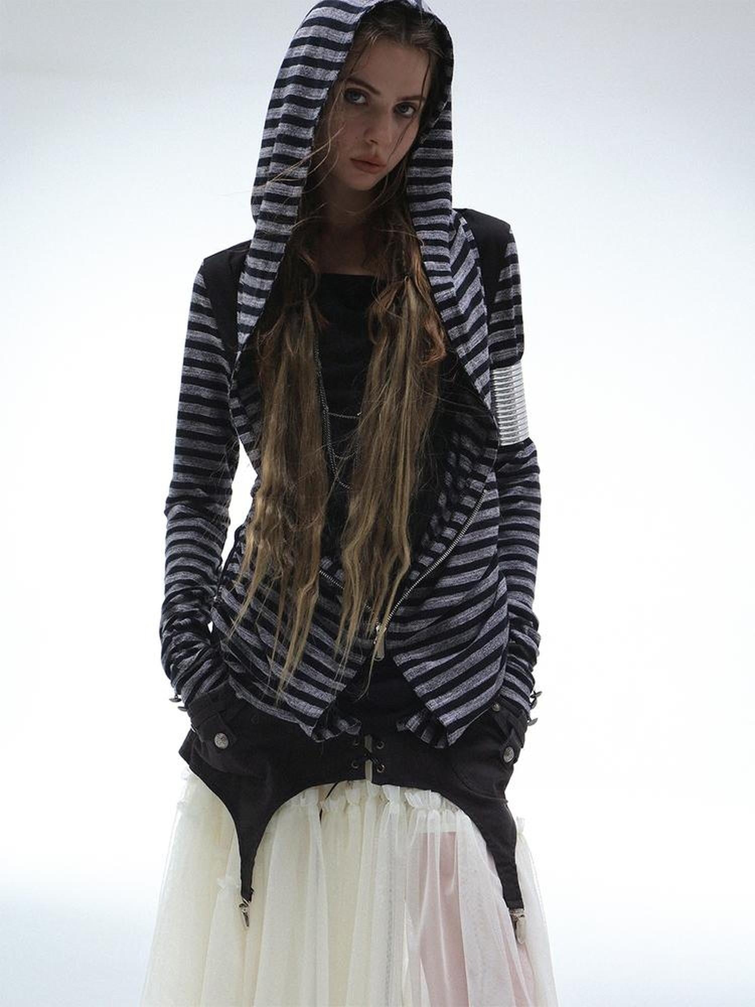 DoublePunch Soft Vintage Layered Hooded Long Sleeve Women Striped Patchwork Hoodies