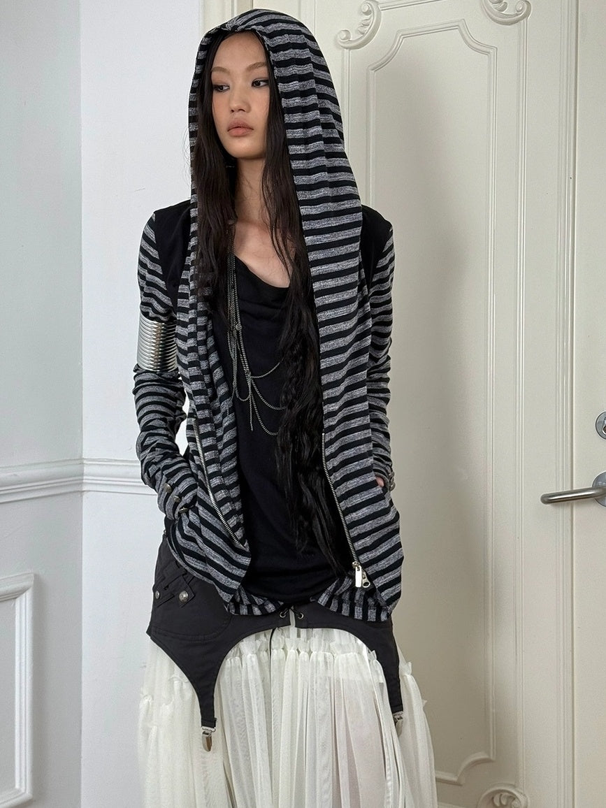 DoublePunch Soft Vintage Layered Hooded Long Sleeve Women Striped Patchwork Hoodies