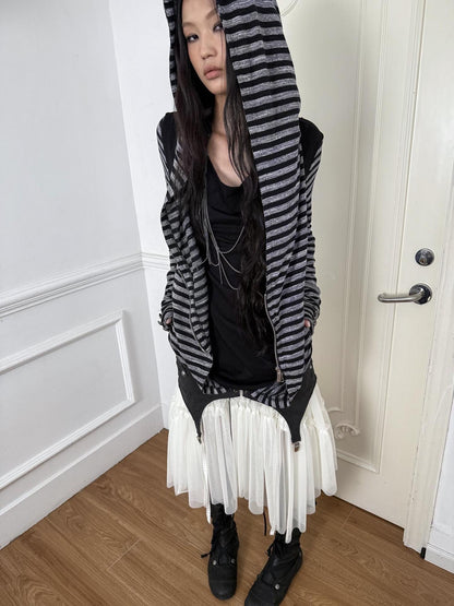 DoublePunch Soft Vintage Layered Hooded Long Sleeve Women Striped Patchwork Hoodies