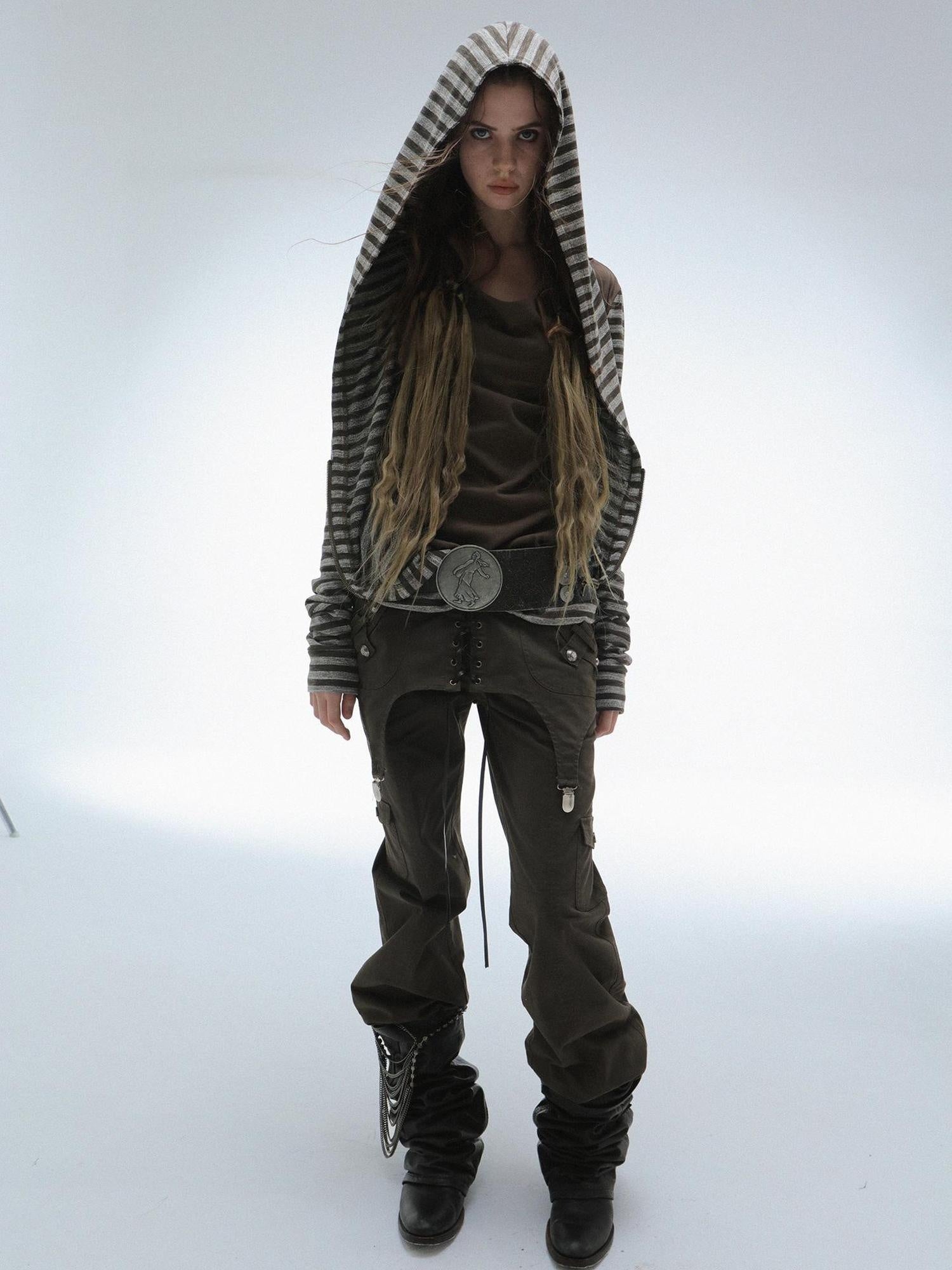 DoublePunch Soft Vintage Layered Hooded Long Sleeve Women Striped Patchwork Hoodies