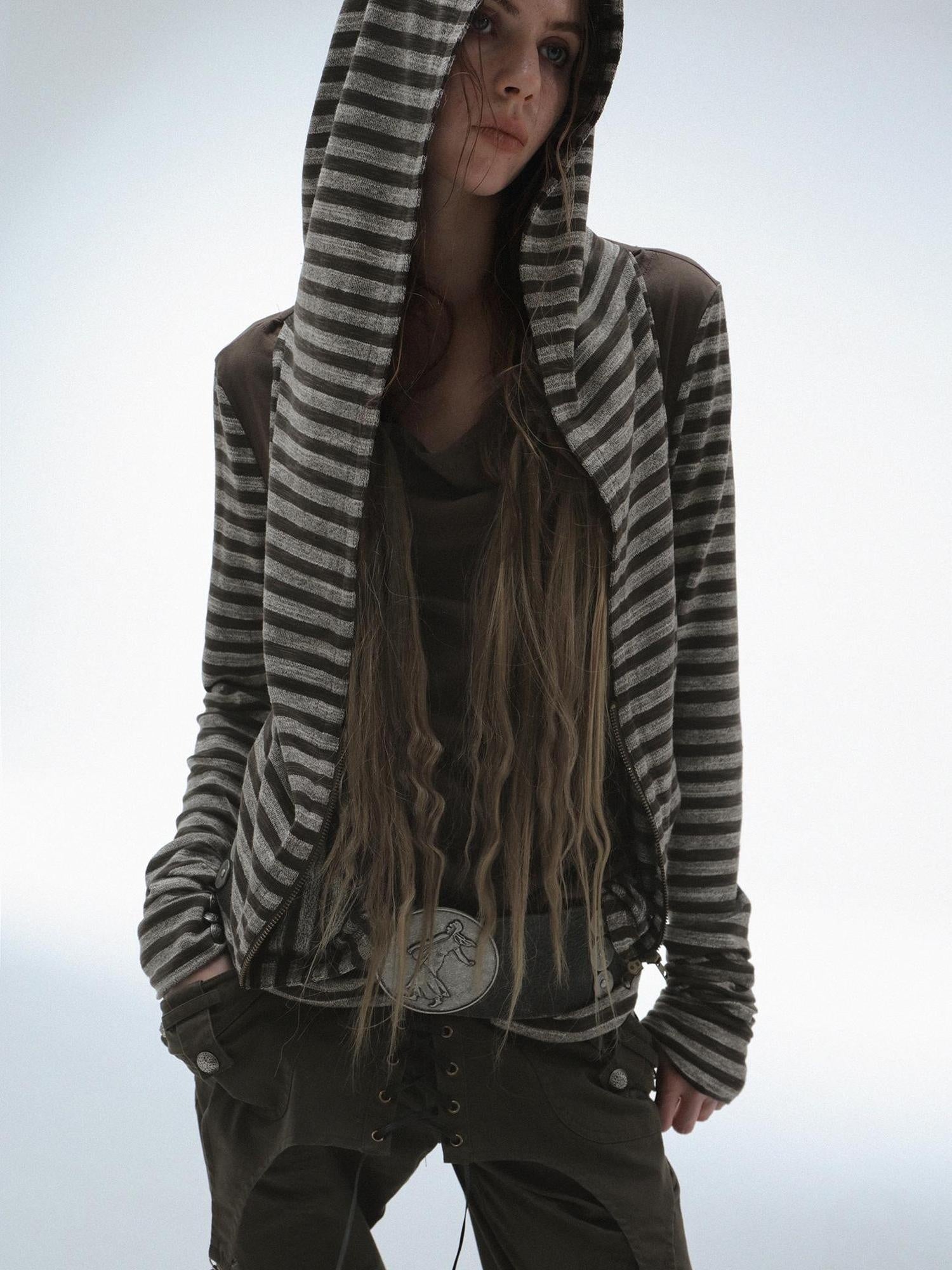 DoublePunch Soft Vintage Layered Hooded Long Sleeve Women Striped Patchwork Hoodies