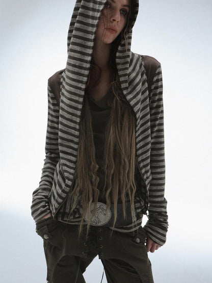 DoublePunch Soft Vintage Layered Hooded Long Sleeve Women Striped Patchwork Hoodies