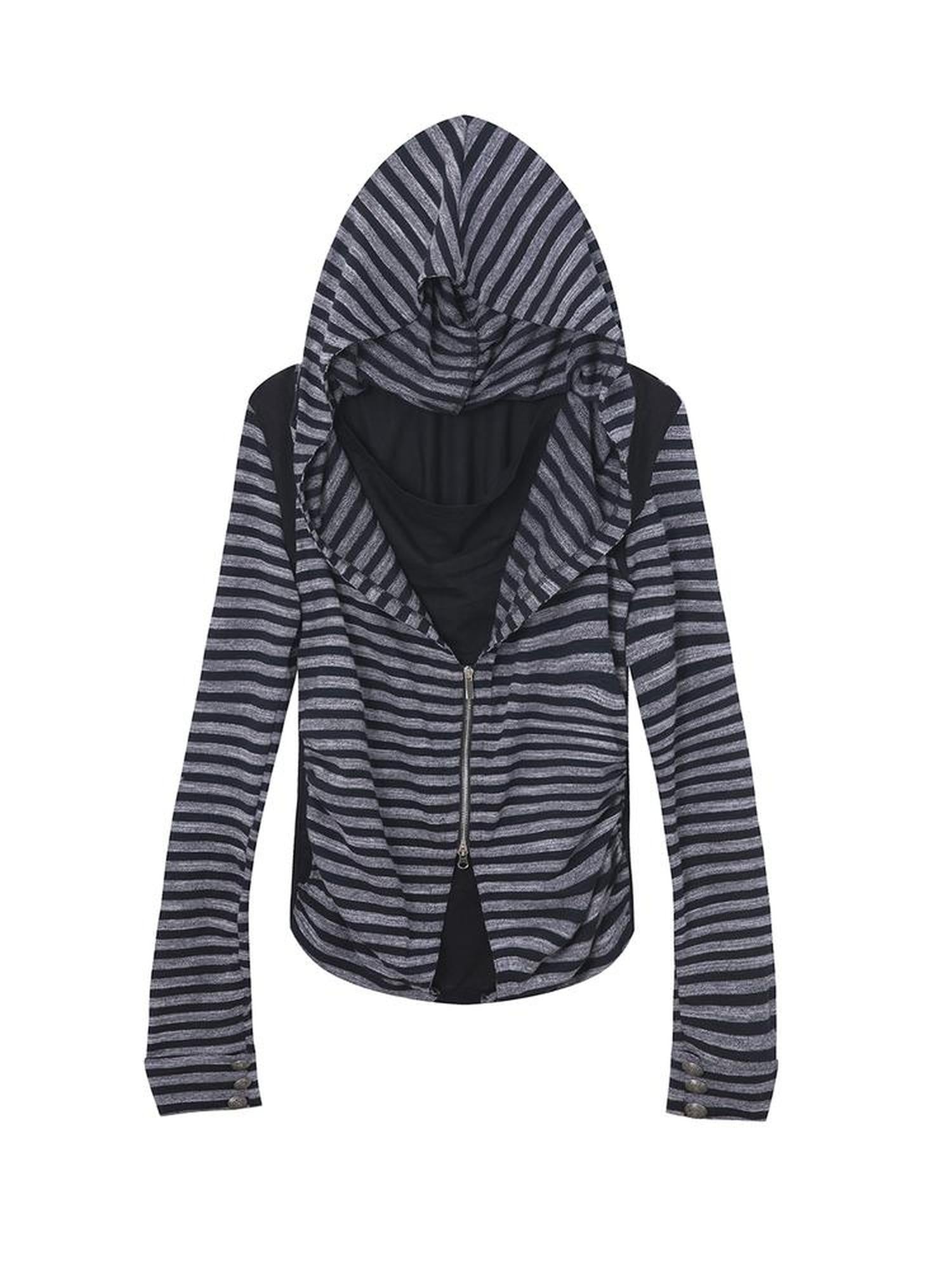 DoublePunch Soft Vintage Layered Hooded Long Sleeve Women Striped Patchwork Hoodies