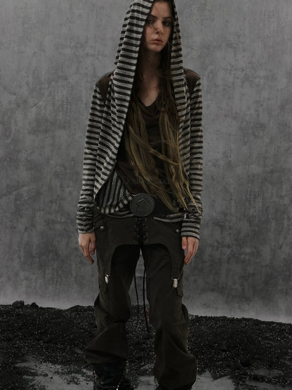 DoublePunch Soft Vintage Layered Hooded Long Sleeve Women Striped Patchwork Hoodies