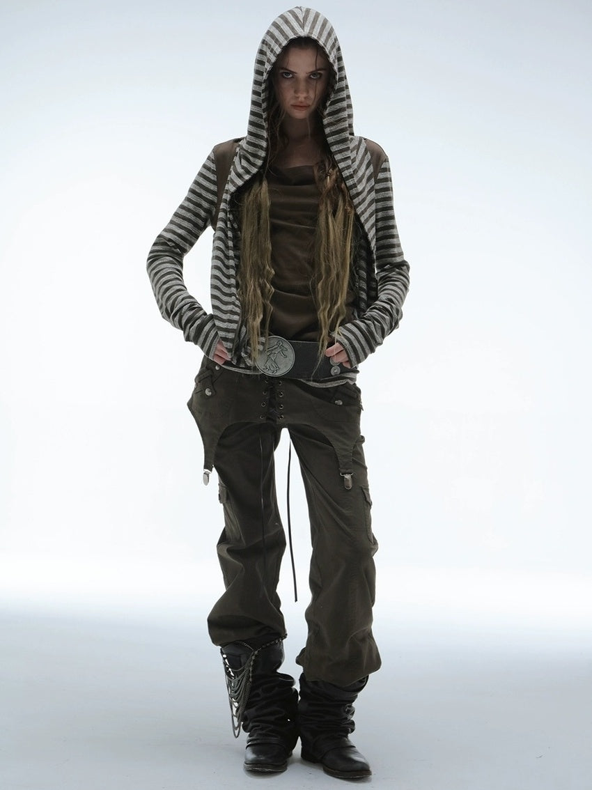 DoublePunch Soft Vintage Layered Hooded Long Sleeve Women Striped Patchwork Hoodies