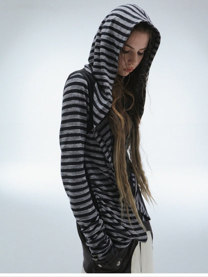 DoublePunch Soft Vintage Layered Hooded Long Sleeve Women Striped Patchwork Hoodies