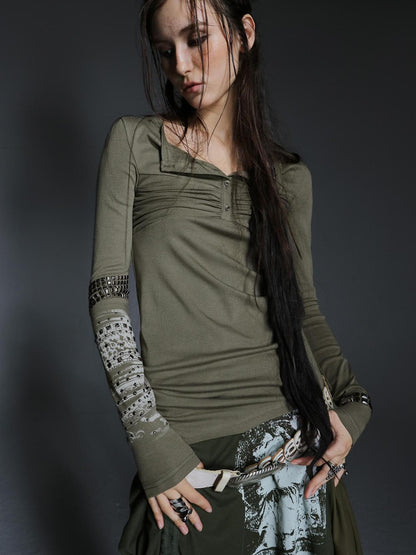 DoublePunch Soft Vintage Slim Square Neck Rhinestone Print Long Sleeve Women T-Shirt