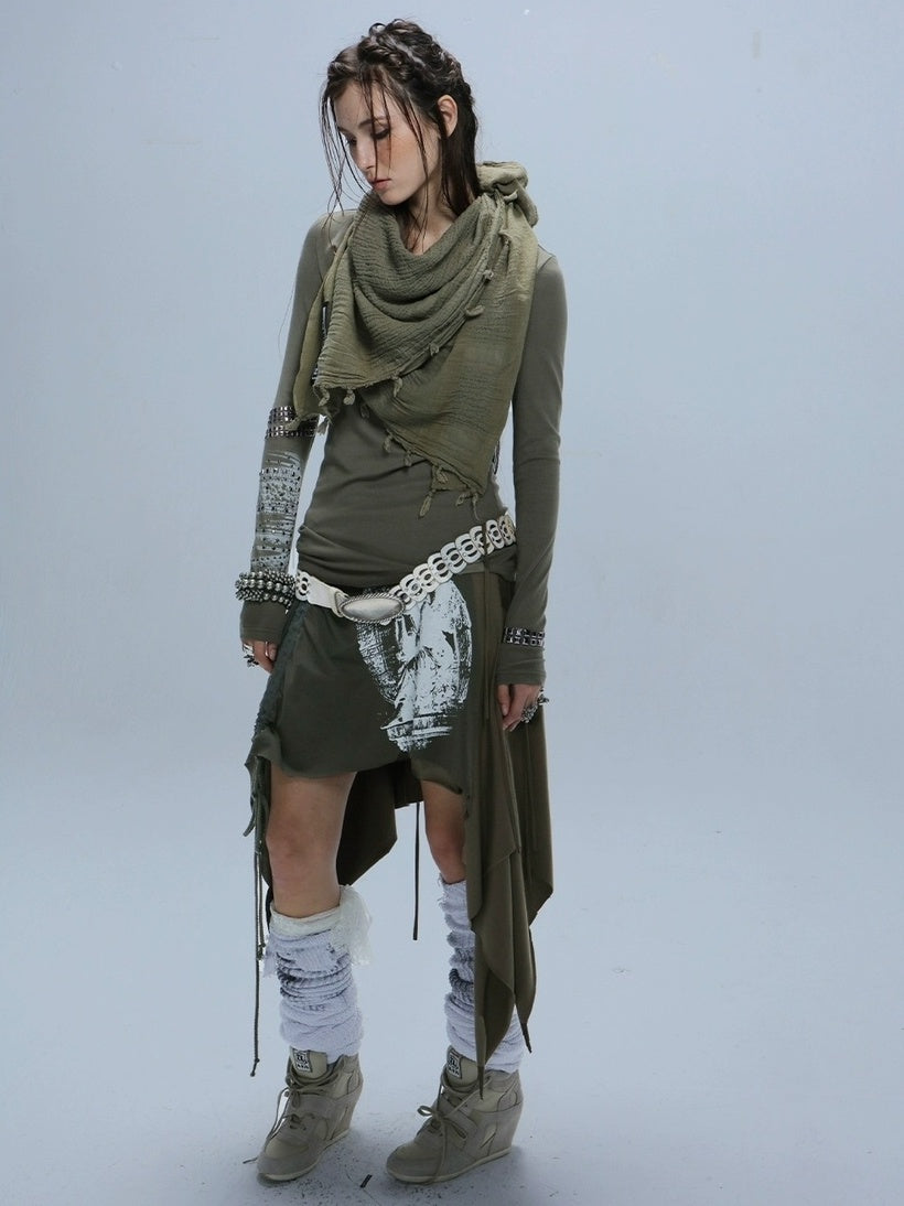 DoublePunch Soft Vintage Slim Square Neck Rhinestone Print Long Sleeve Women T-Shirt