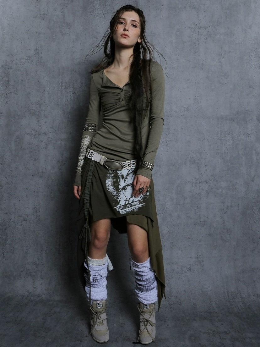 DoublePunch Soft Vintage Slim Square Neck Rhinestone Print Long Sleeve Women T-Shirt