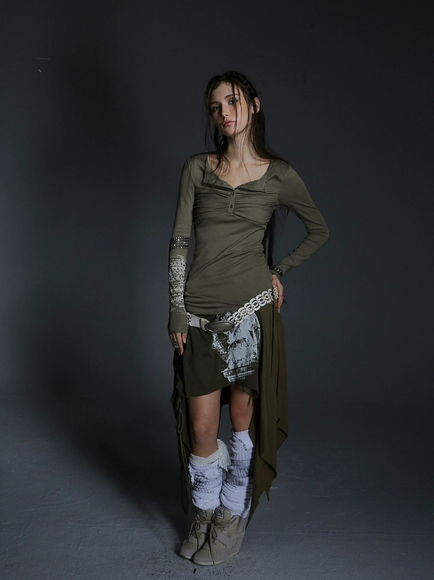 DoublePunch Soft Vintage Slim Square Neck Rhinestone Print Long Sleeve Women T-Shirt