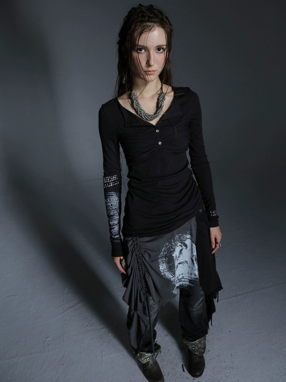 DoublePunch Soft Vintage Slim Square Neck Rhinestone Print Long Sleeve Women T-Shirt