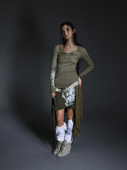 DoublePunch Soft Vintage Slim Square Neck Rhinestone Print Long Sleeve Women T-Shirt