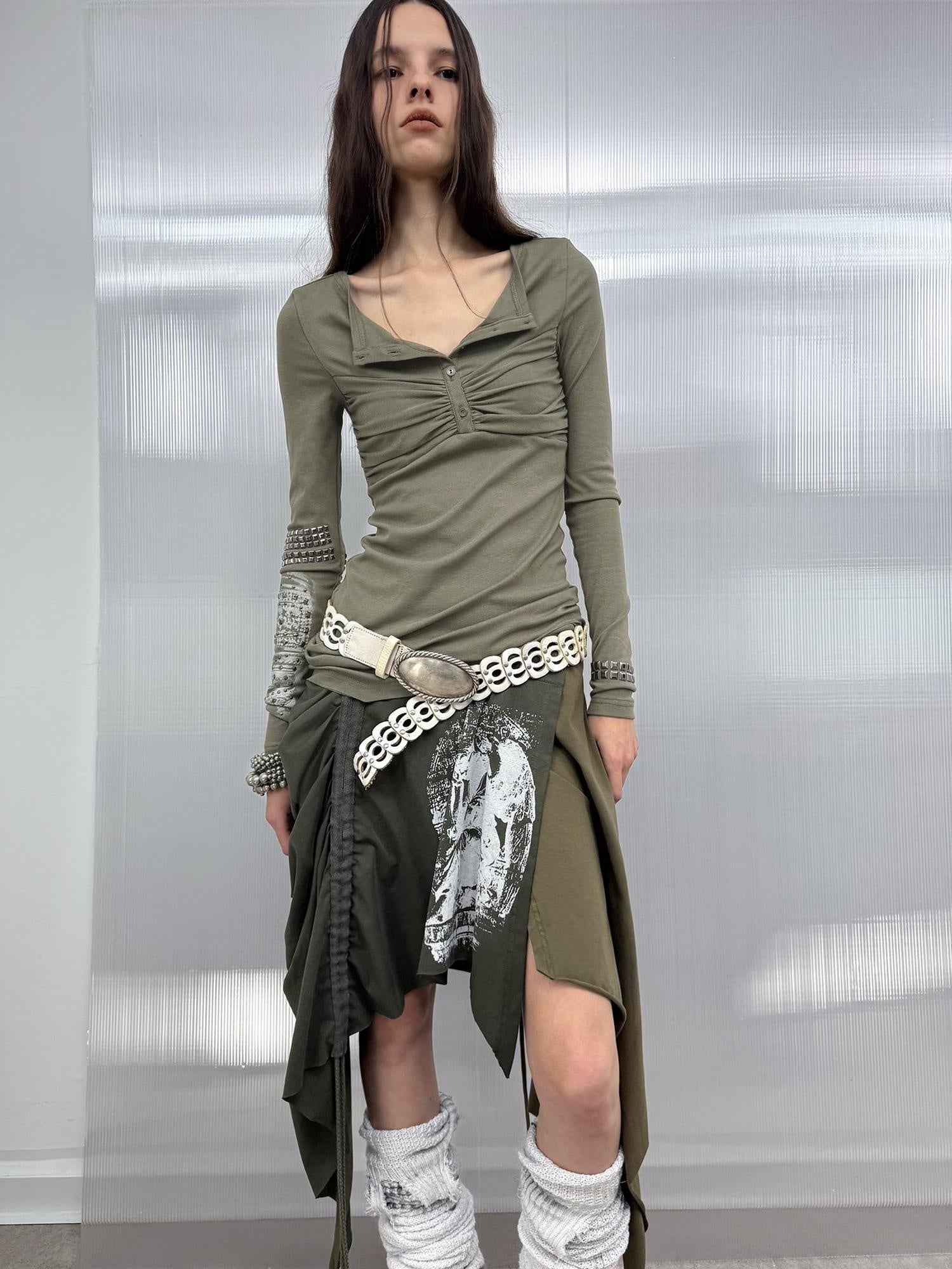 DoublePunch Soft Vintage Slim Square Neck Rhinestone Print Long Sleeve Women T-Shirt