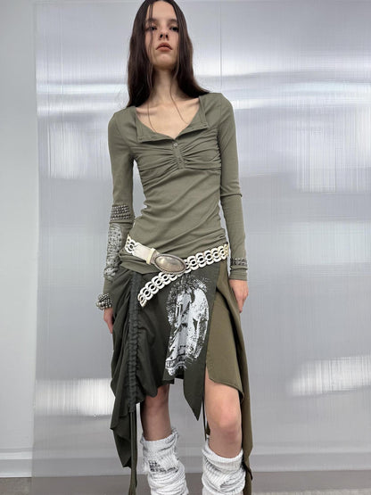 DoublePunch Soft Vintage Slim Square Neck Rhinestone Print Long Sleeve Women T-Shirt