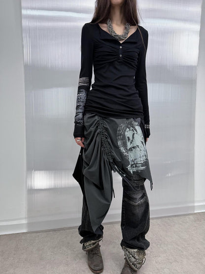 DoublePunch Soft Vintage Slim Square Neck Rhinestone Print Long Sleeve Women T-Shirt