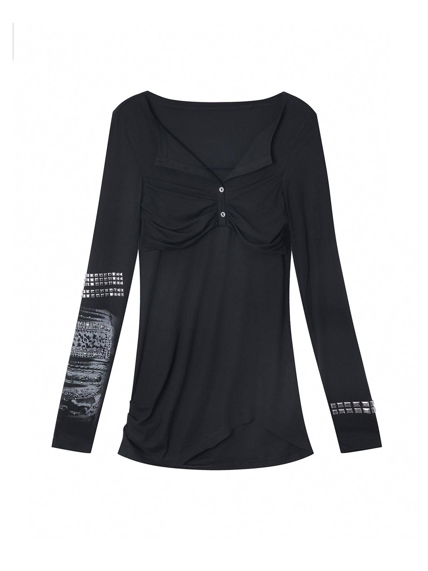 DoublePunch Soft Vintage Slim Square Neck Rhinestone Print Long Sleeve Women T-Shirt