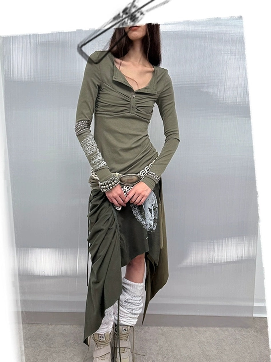 DoublePunch Soft Vintage Slim Square Neck Rhinestone Print Long Sleeve Women T-Shirt