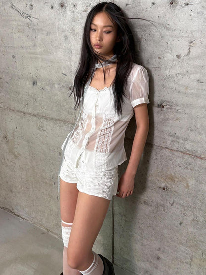 DoublePunch Square Neck Lace Trim Princess Sleeves Cinched Waist Women&