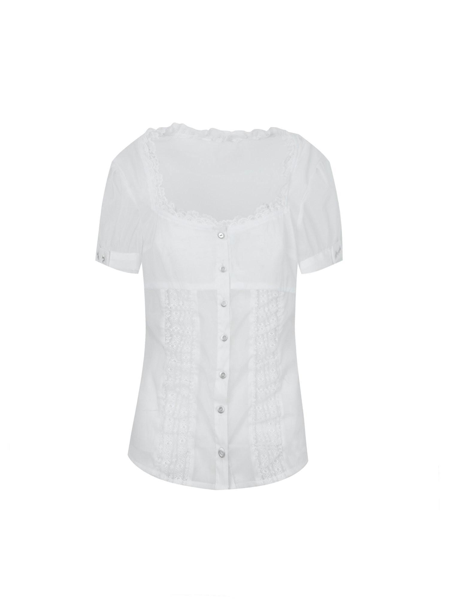 DoublePunch Square Neck Lace Trim Princess Sleeves Cinched Waist Women&
