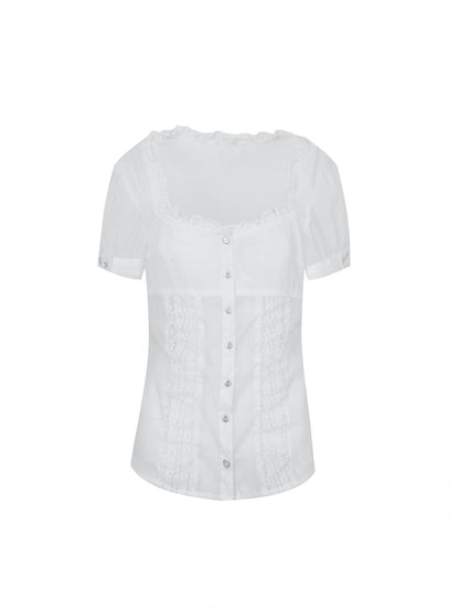 DoublePunch Square Neck Lace Trim Princess Sleeves Cinched Waist Women&