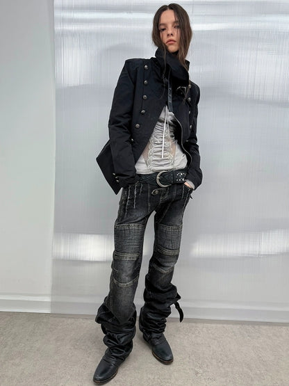 DoublePunch Stretch Low Rise Distressed Straight Casual Women Dark Gray Cotton Jeans