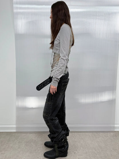 DoublePunch Stretch Low Rise Distressed Straight Casual Women Dark Gray Cotton Jeans